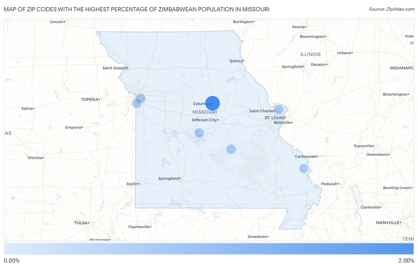 Zip Codes with the Highest Percentage of Zimbabwean Population in Missouri Map