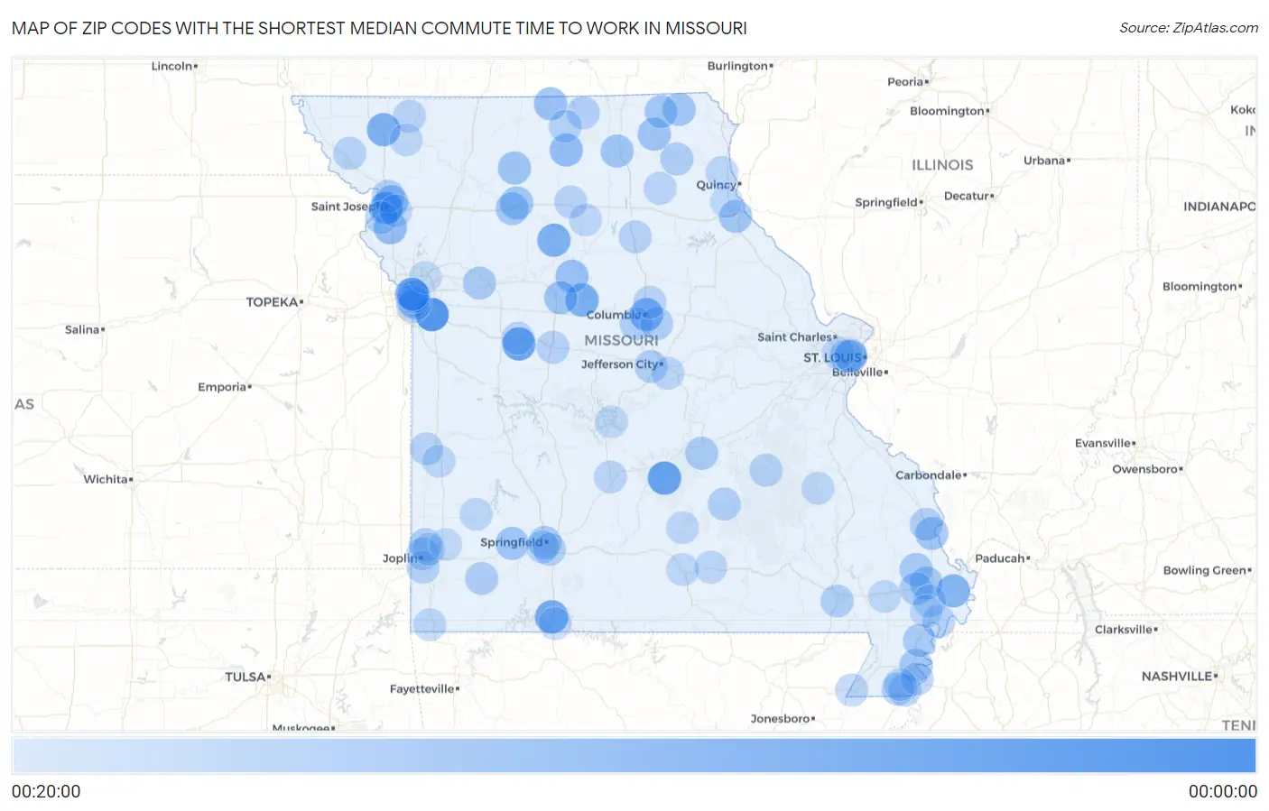 Zip Codes with the Shortest Median Commute Time to Work in Missouri Map