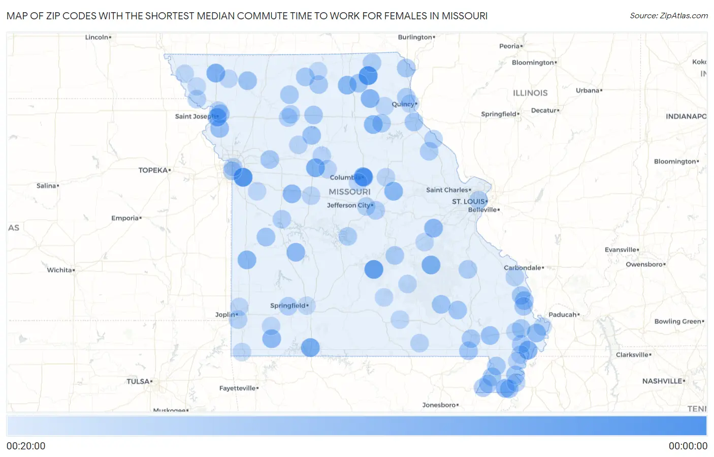 Zip Codes with the Shortest Median Commute Time to Work for Females in Missouri Map