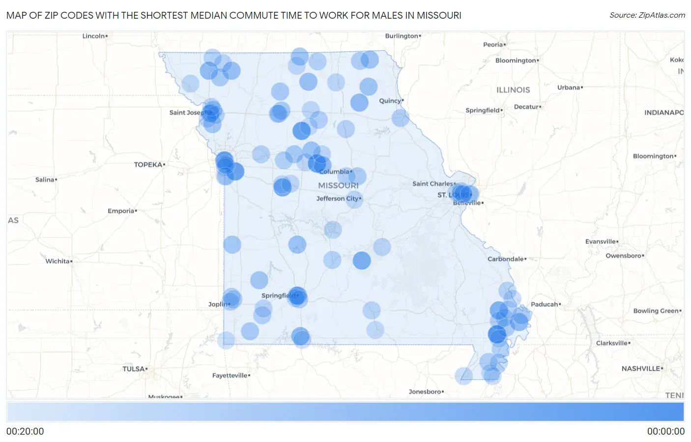 Zip Codes with the Shortest Median Commute Time to Work for Males in Missouri Map