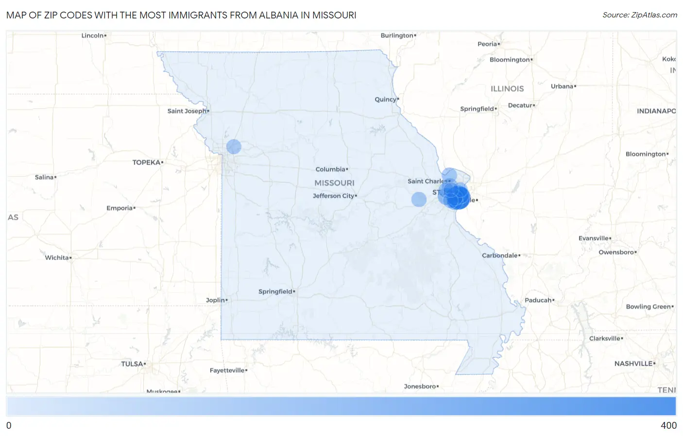 Zip Codes with the Most Immigrants from Albania in Missouri Map