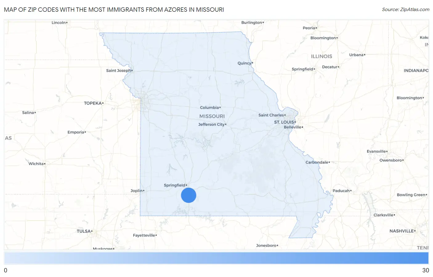 Zip Codes with the Most Immigrants from Azores in Missouri Map