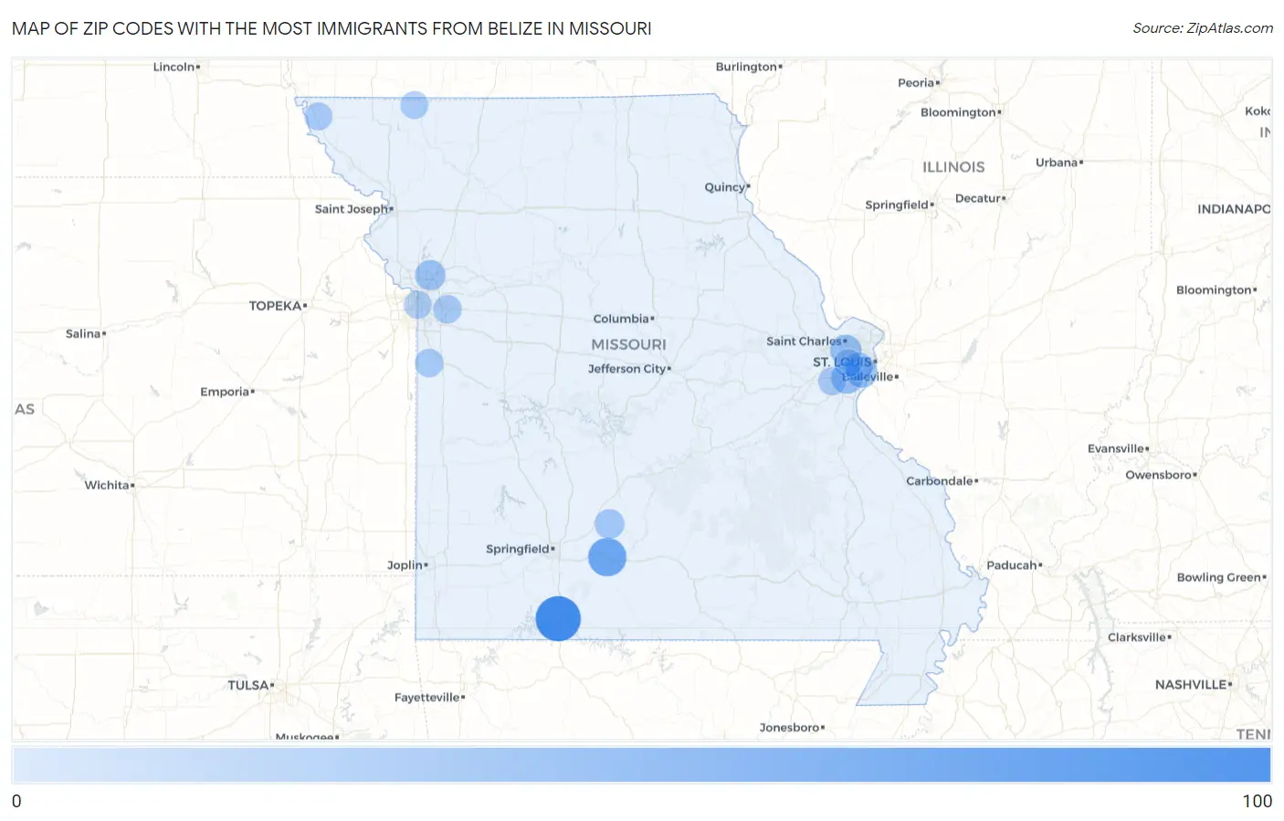 Zip Codes with the Most Immigrants from Belize in Missouri Map