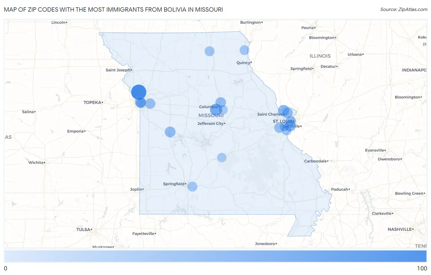 Zip Codes with the Most Immigrants from Bolivia in Missouri Map