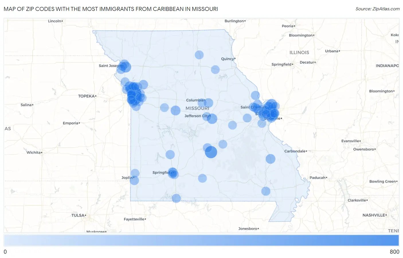 Zip Codes with the Most Immigrants from Caribbean in Missouri Map