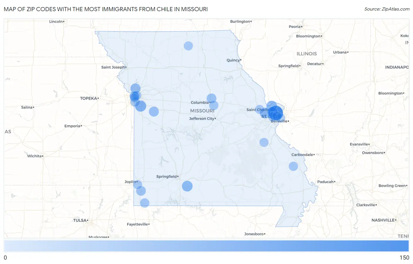Zip Codes with the Most Immigrants from Chile in Missouri Map