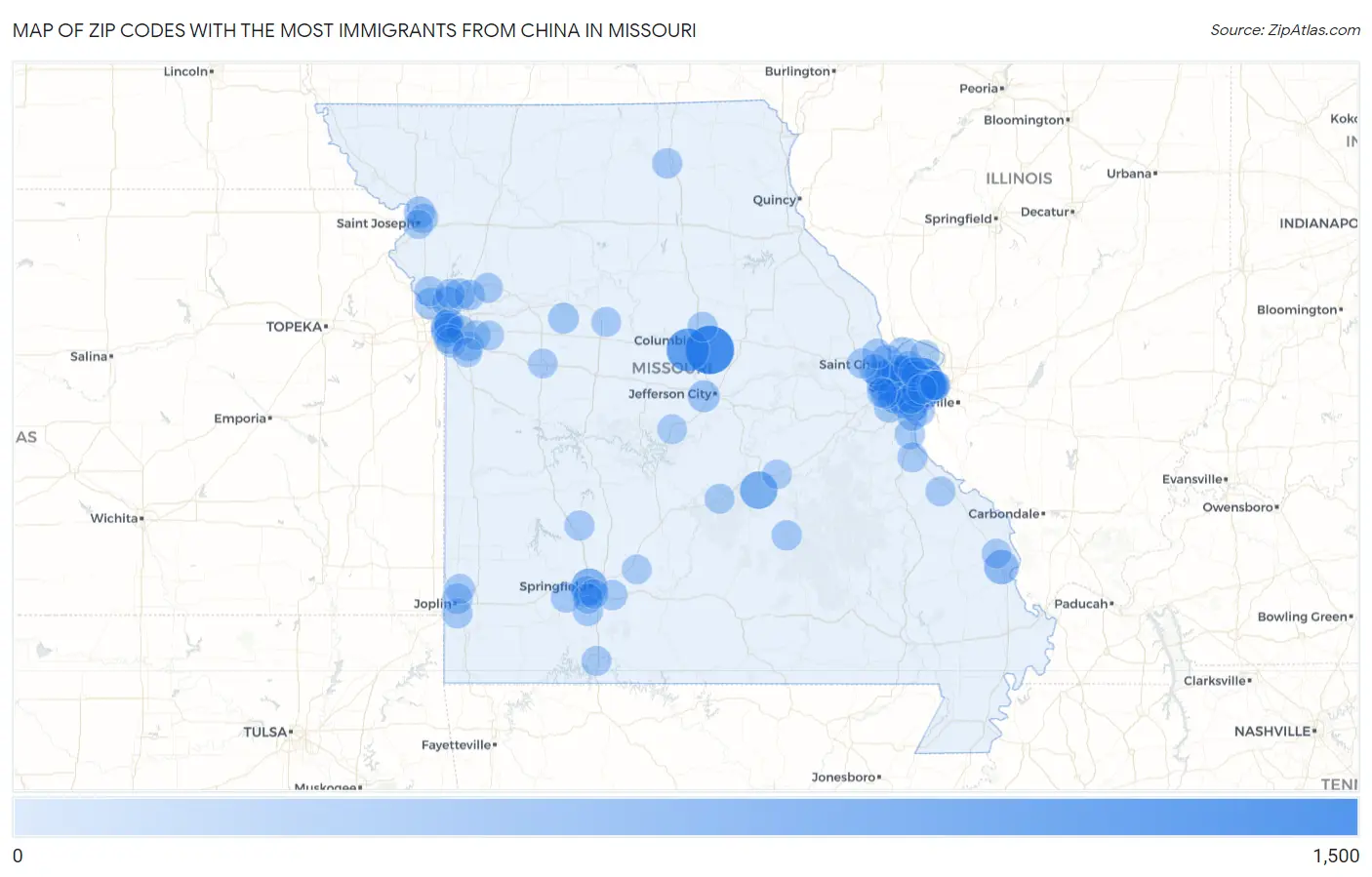 Zip Codes with the Most Immigrants from China in Missouri Map