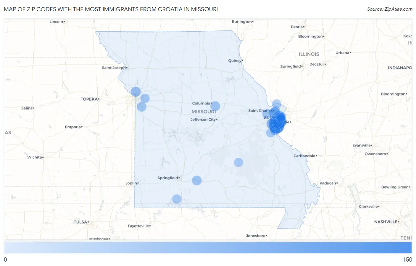 Zip Codes with the Most Immigrants from Croatia in Missouri Map