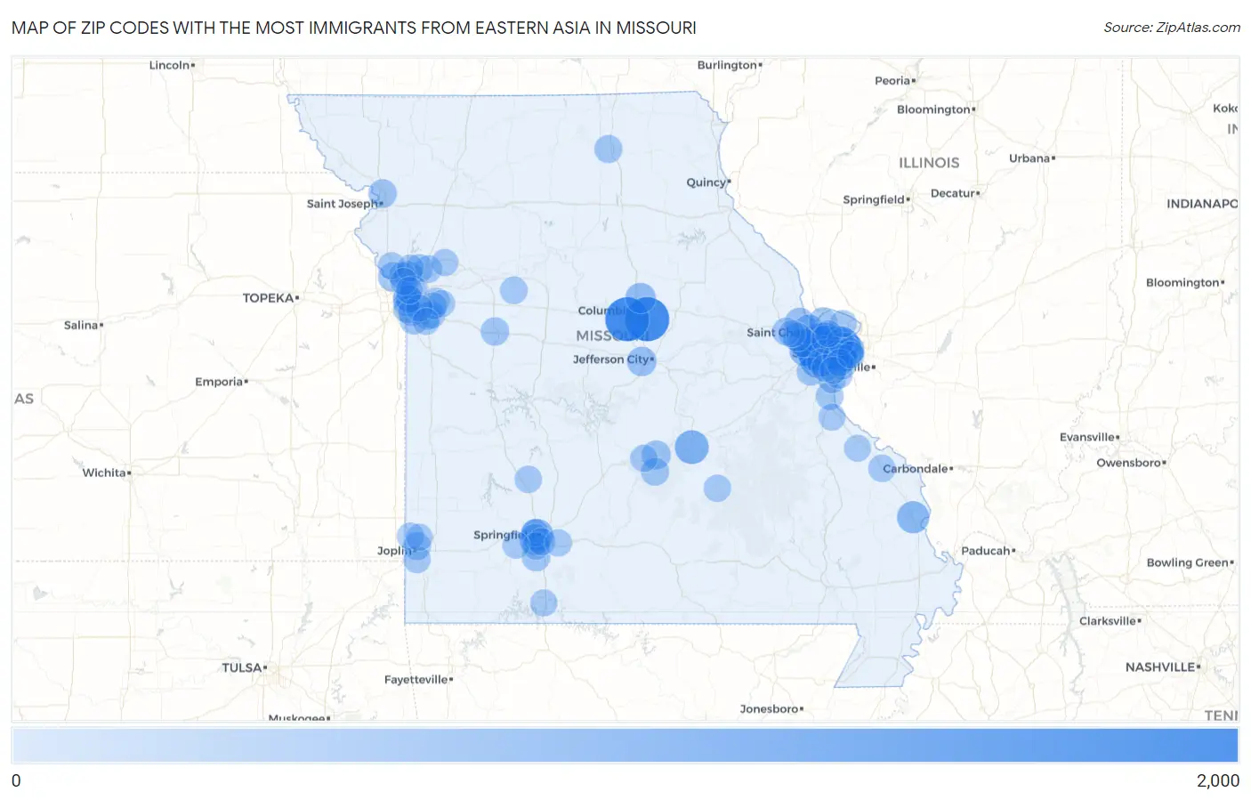 Zip Codes with the Most Immigrants from Eastern Asia in Missouri Map