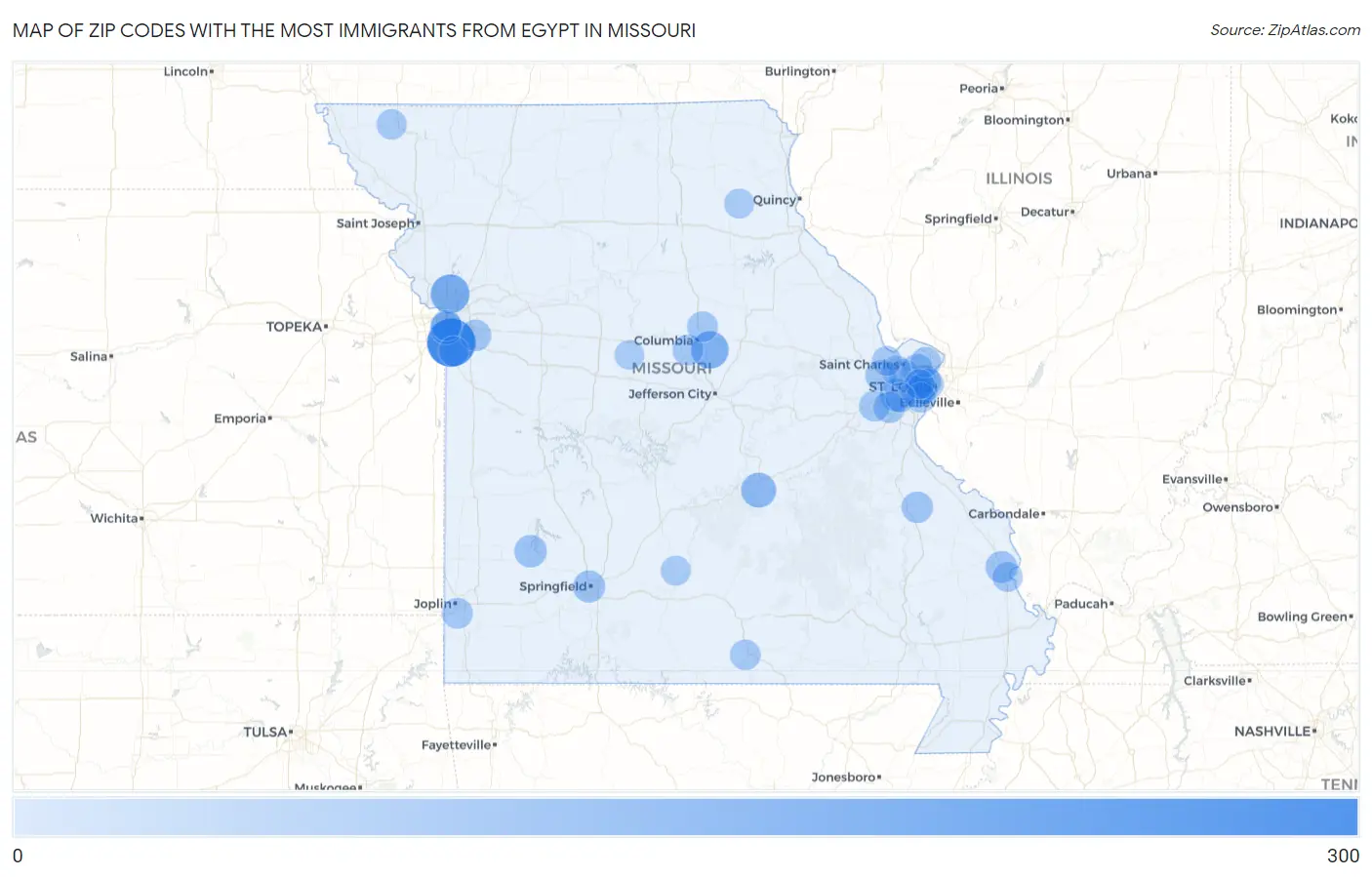 Zip Codes with the Most Immigrants from Egypt in Missouri Map