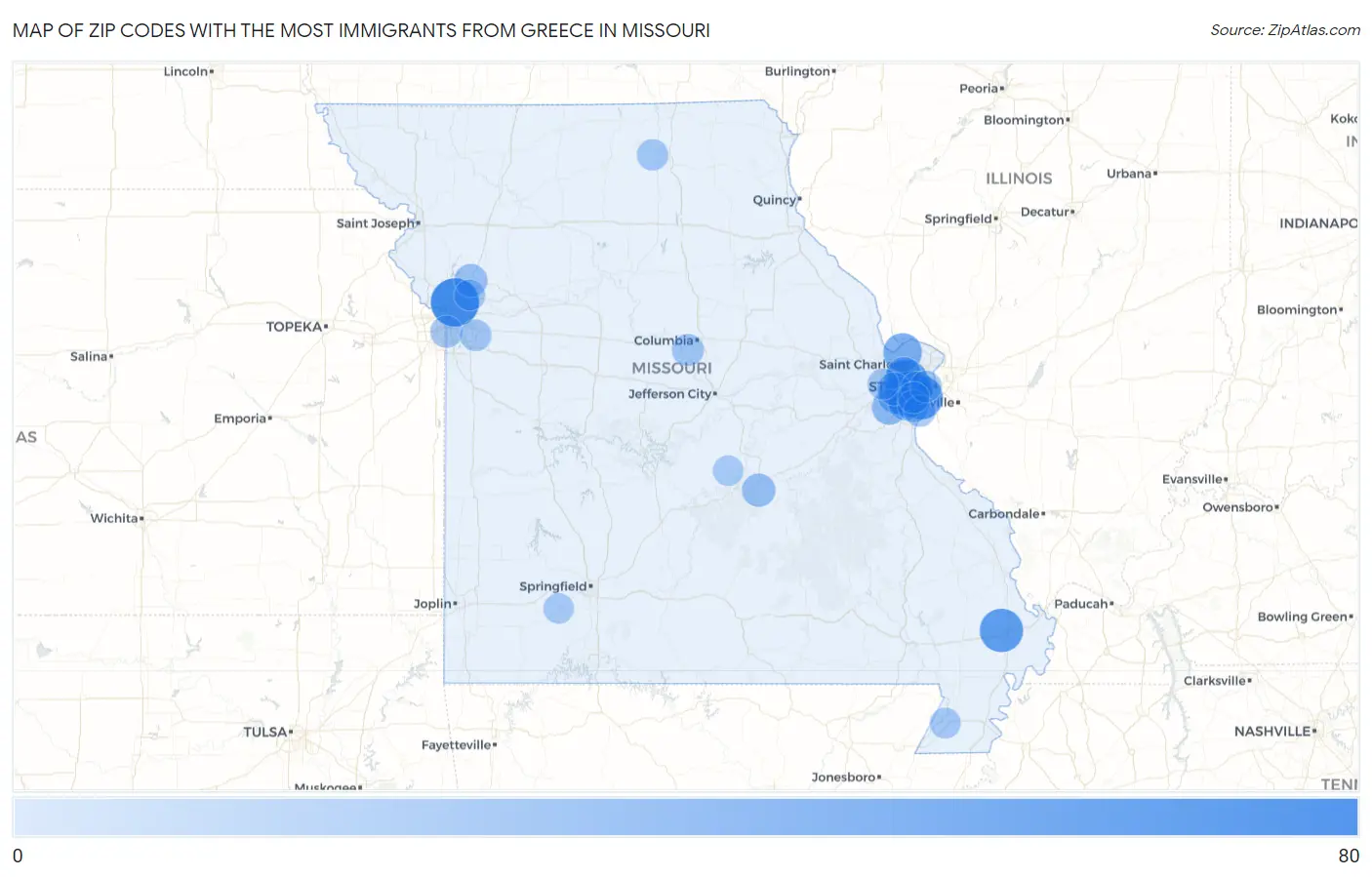 Zip Codes with the Most Immigrants from Greece in Missouri Map