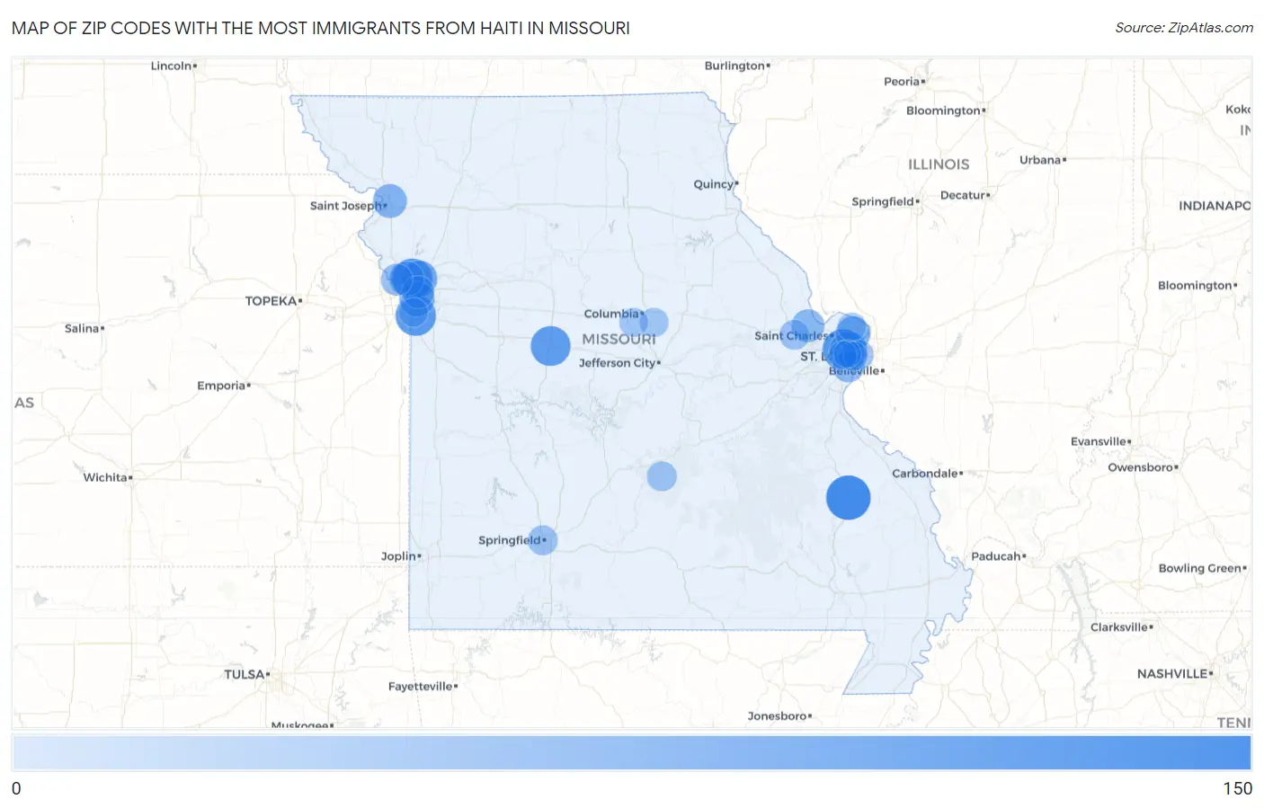 Zip Codes with the Most Immigrants from Haiti in Missouri Map