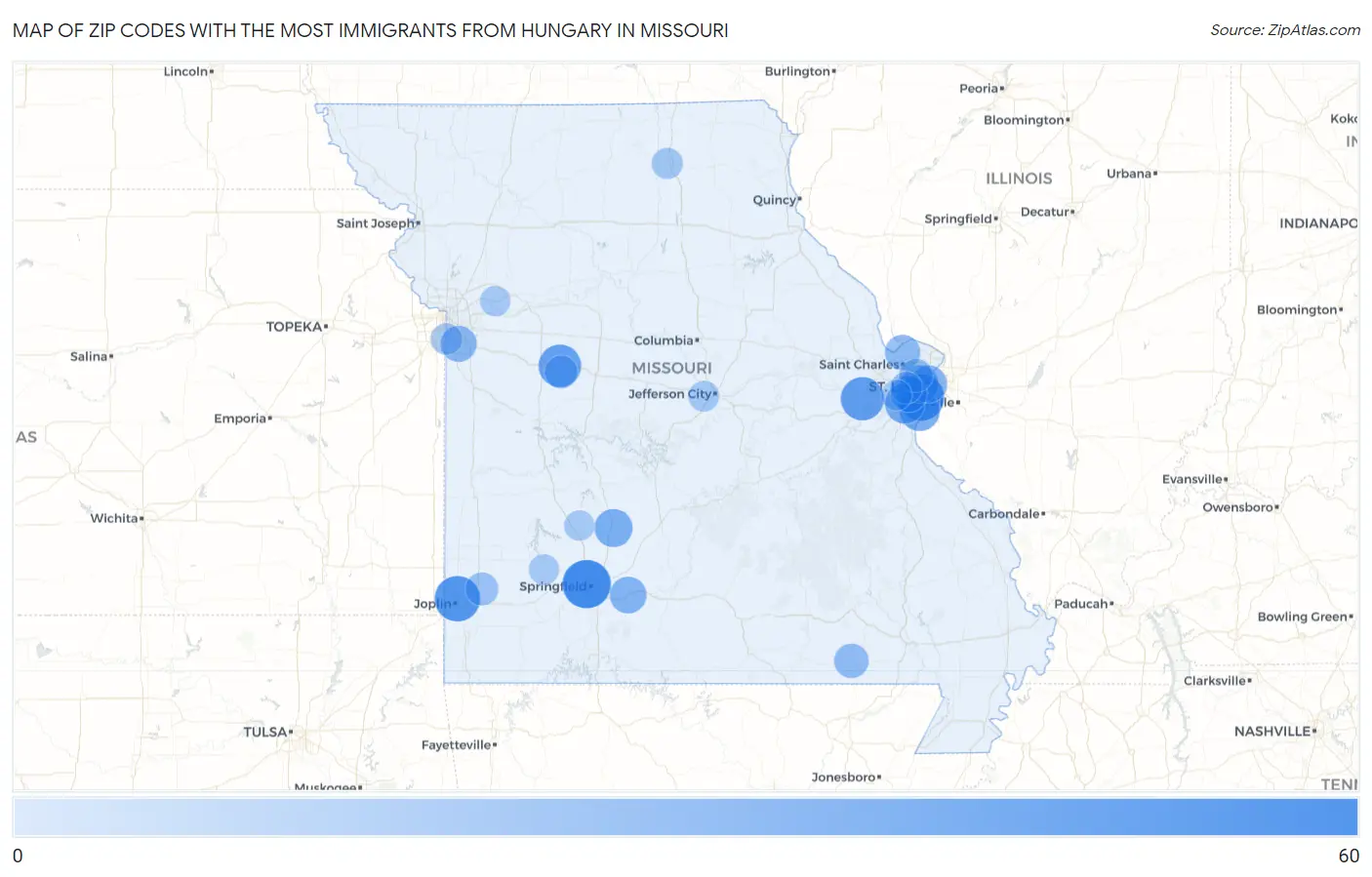 Zip Codes with the Most Immigrants from Hungary in Missouri Map