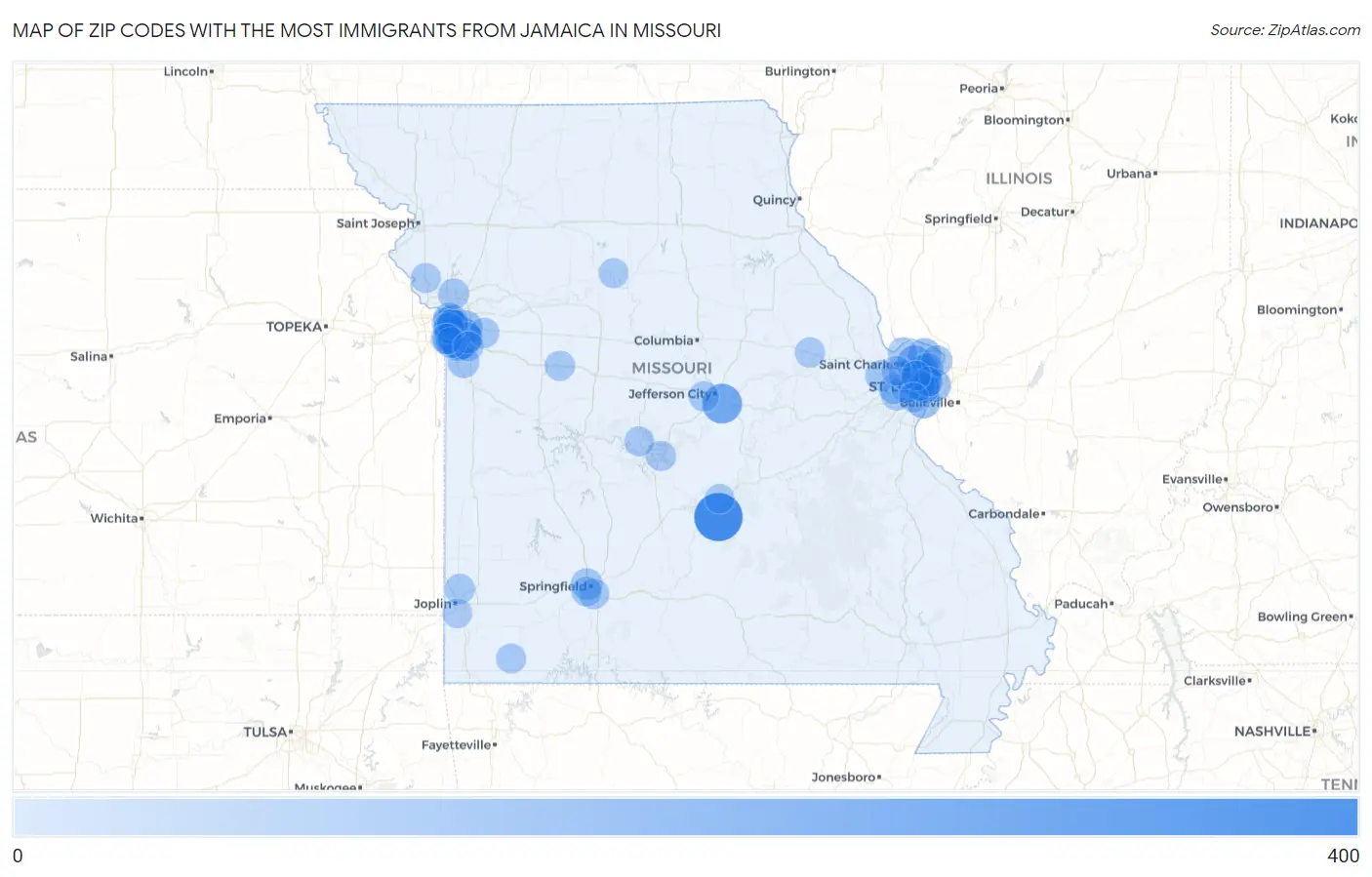 Zip Codes with the Most Immigrants from Jamaica in Missouri Map