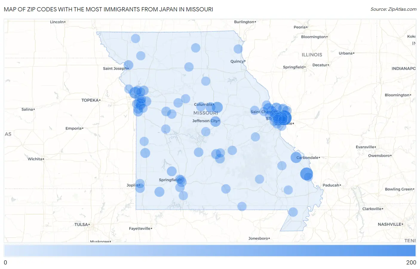 Zip Codes with the Most Immigrants from Japan in Missouri Map