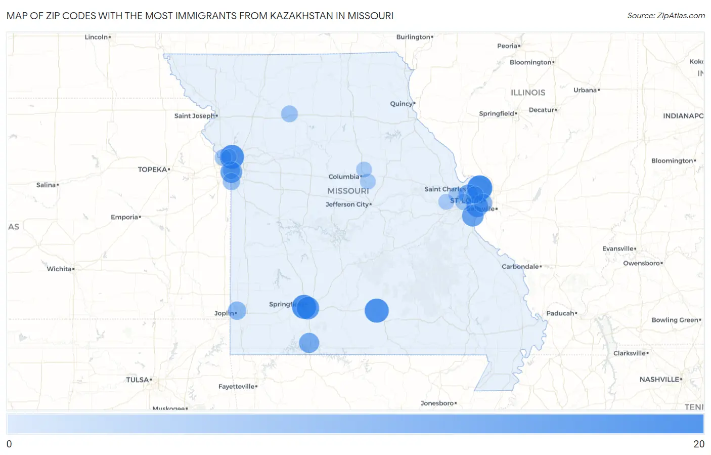 Zip Codes with the Most Immigrants from Kazakhstan in Missouri Map