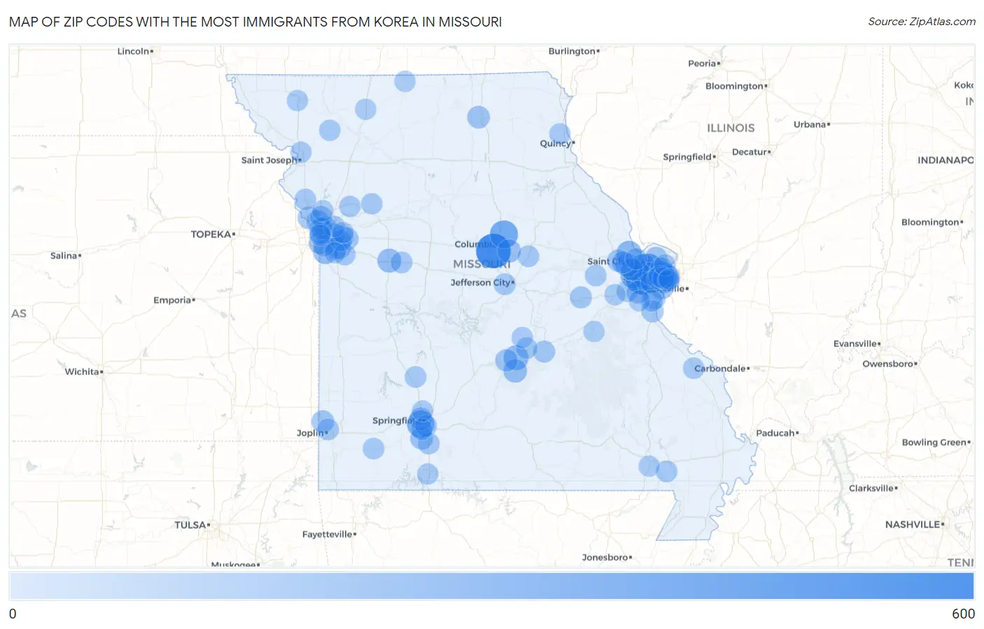 Zip Codes with the Most Immigrants from Korea in Missouri Map