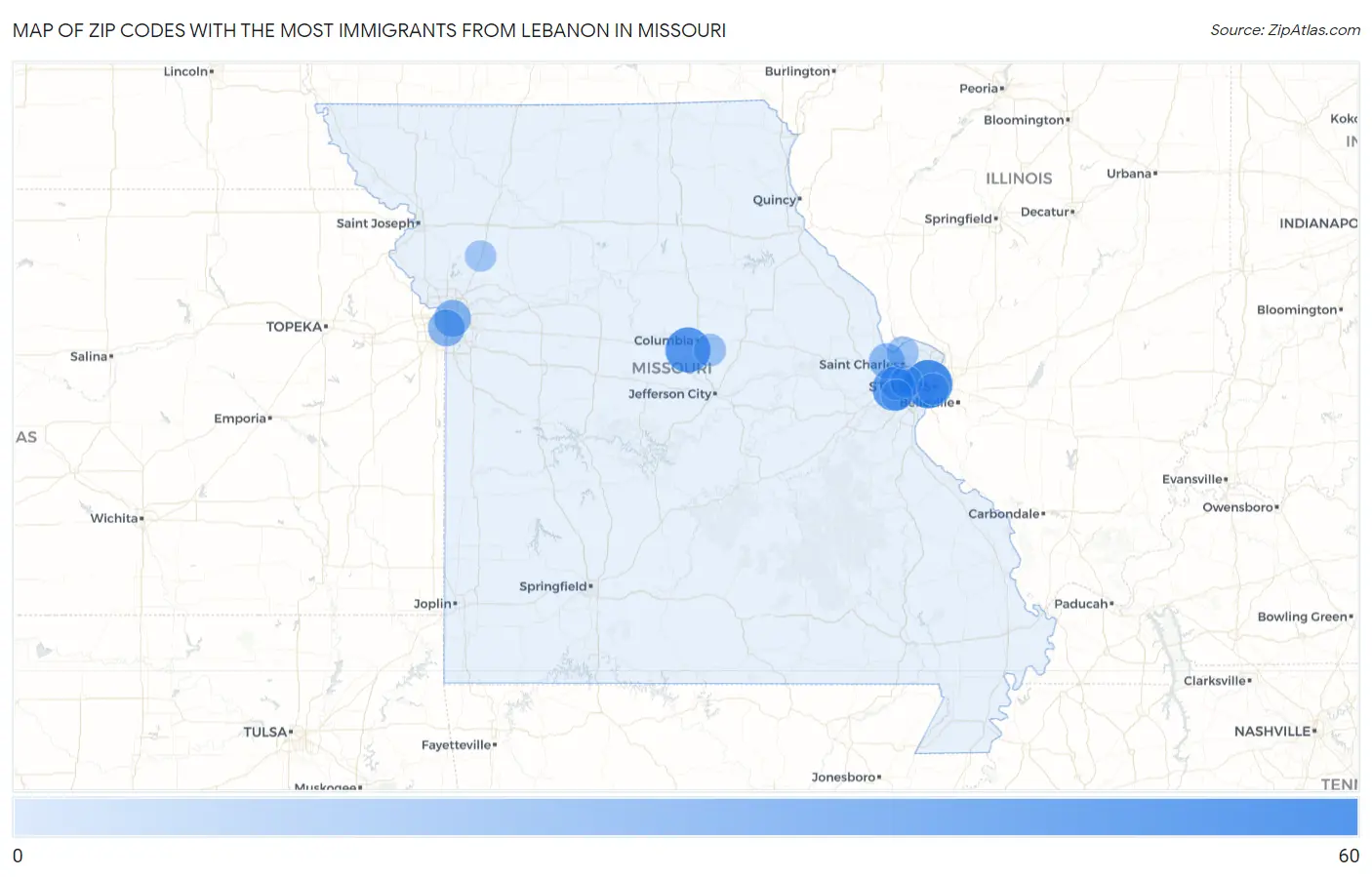 Zip Codes with the Most Immigrants from Lebanon in Missouri Map