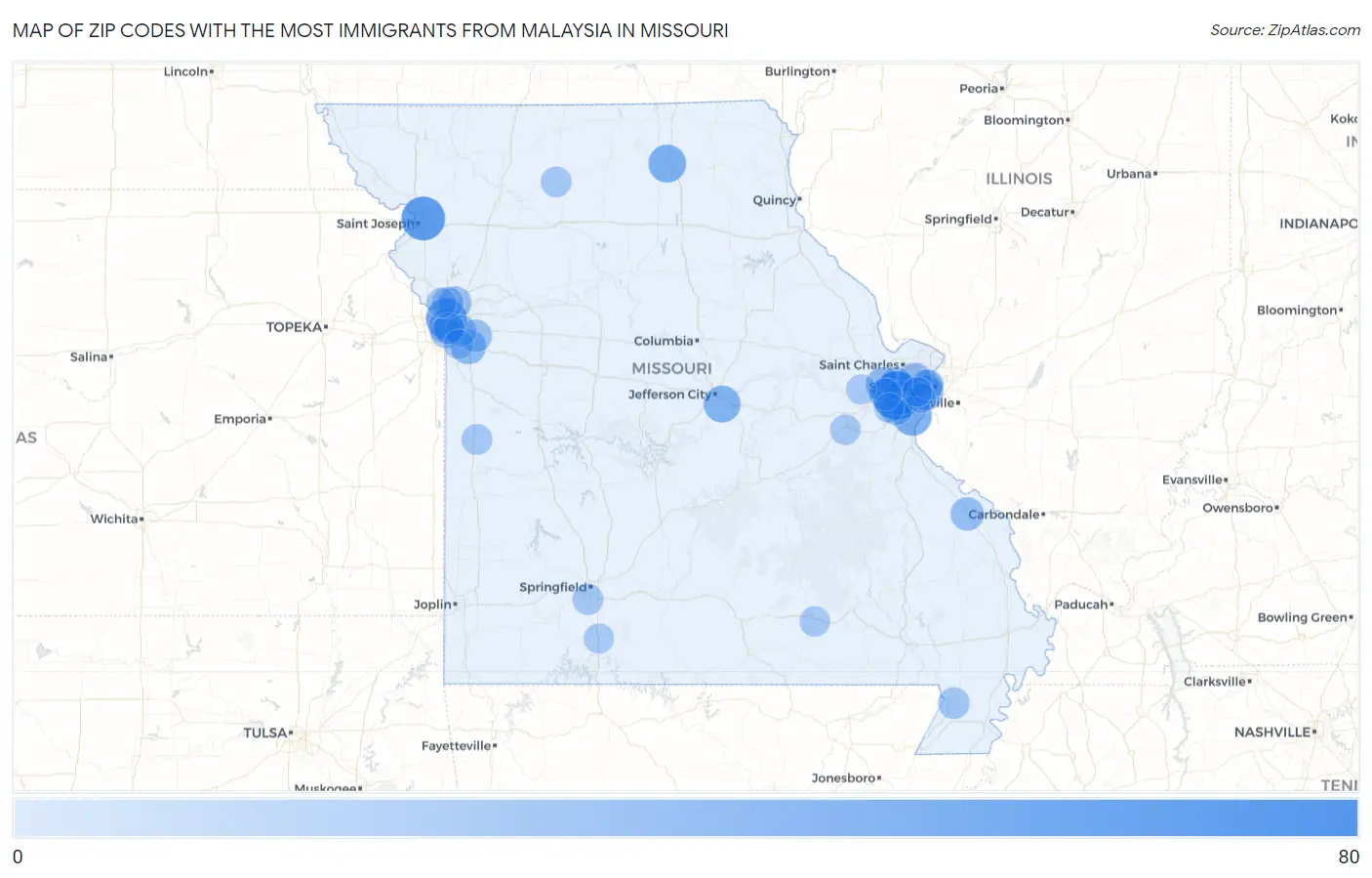 Zip Codes with the Most Immigrants from Malaysia in Missouri Map