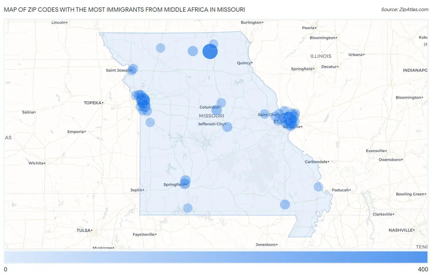 Zip Codes with the Most Immigrants from Middle Africa in Missouri Map