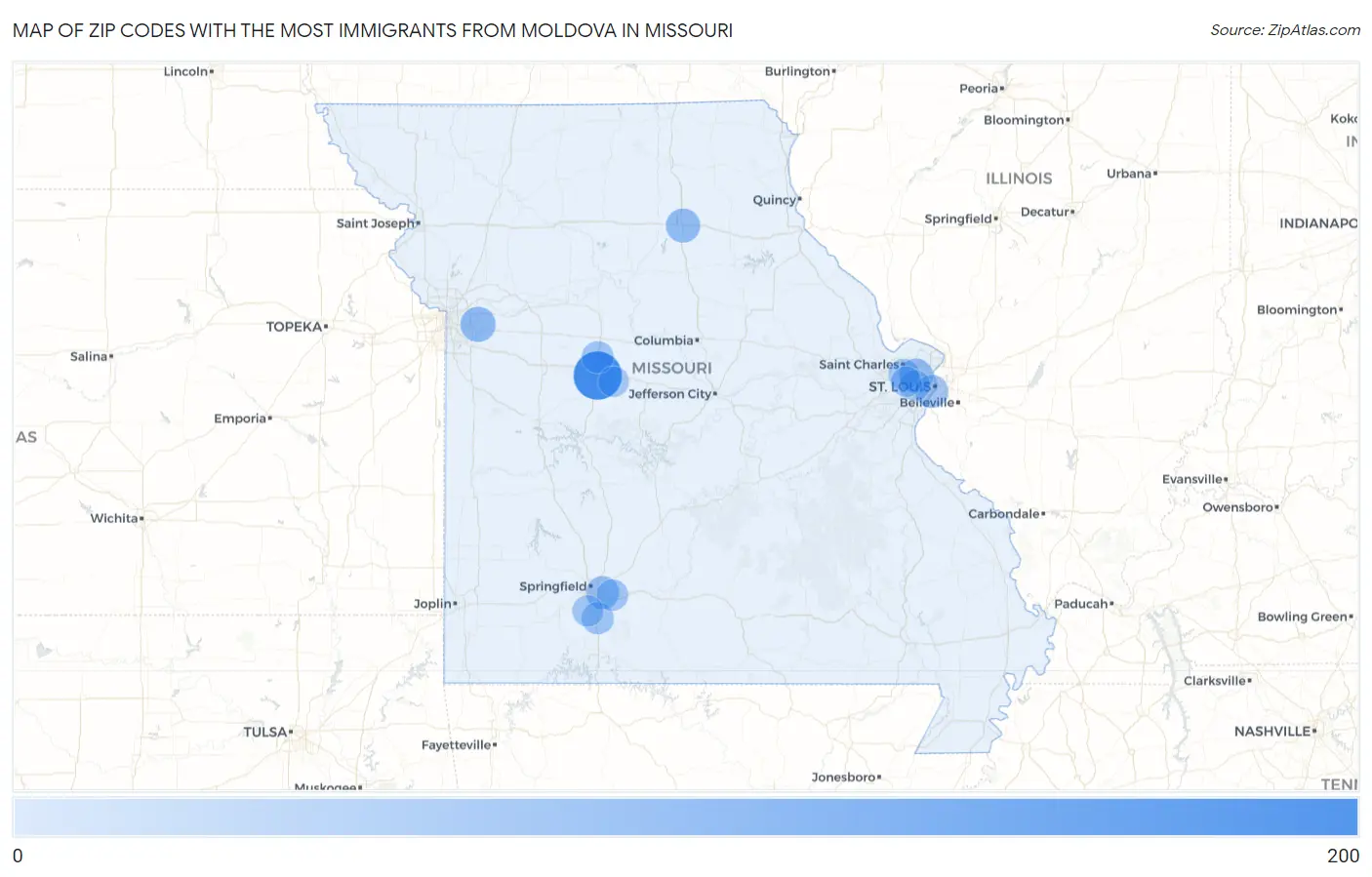 Zip Codes with the Most Immigrants from Moldova in Missouri Map