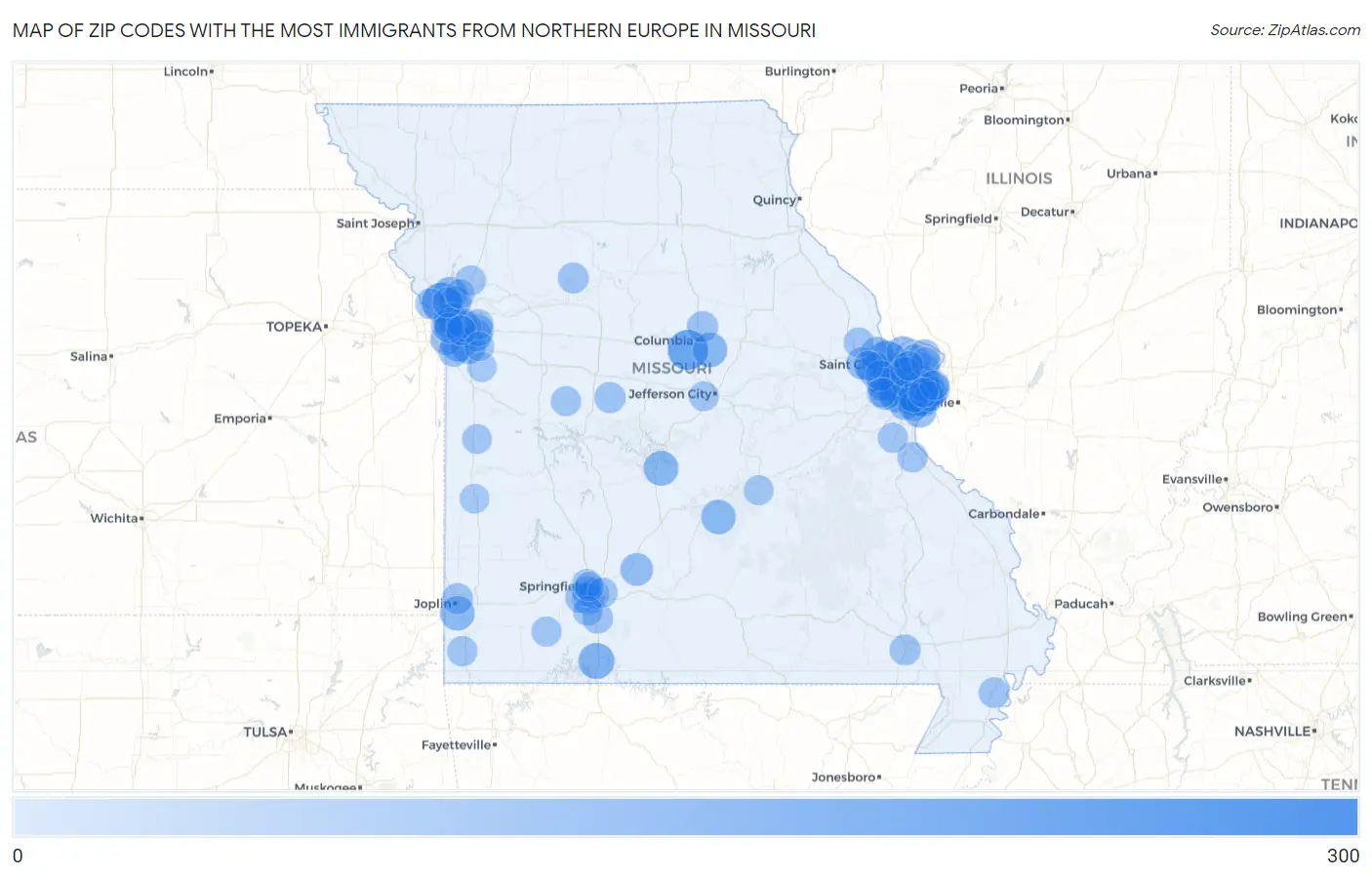 Zip Codes with the Most Immigrants from Northern Europe in Missouri Map