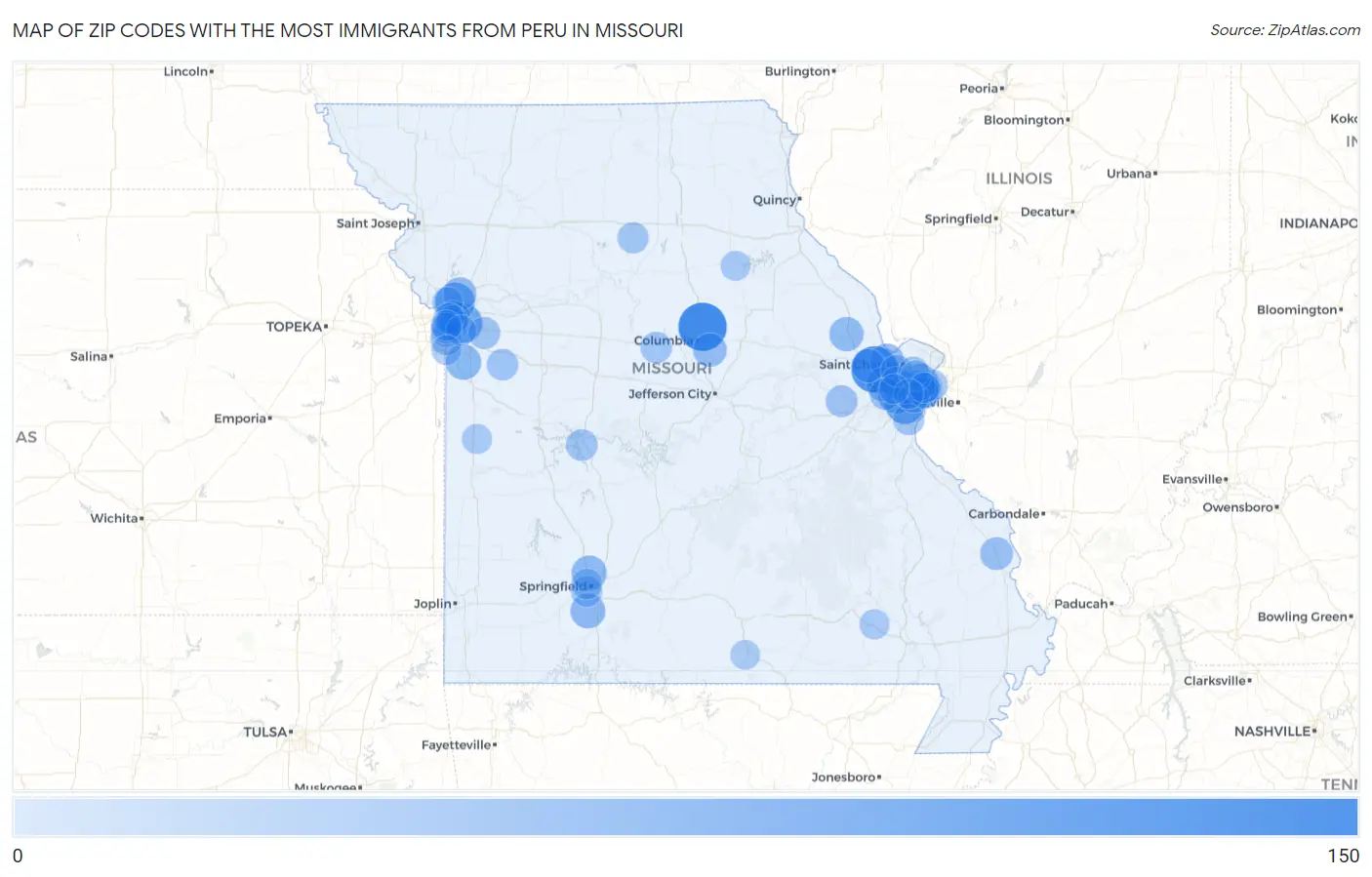 Zip Codes with the Most Immigrants from Peru in Missouri Map