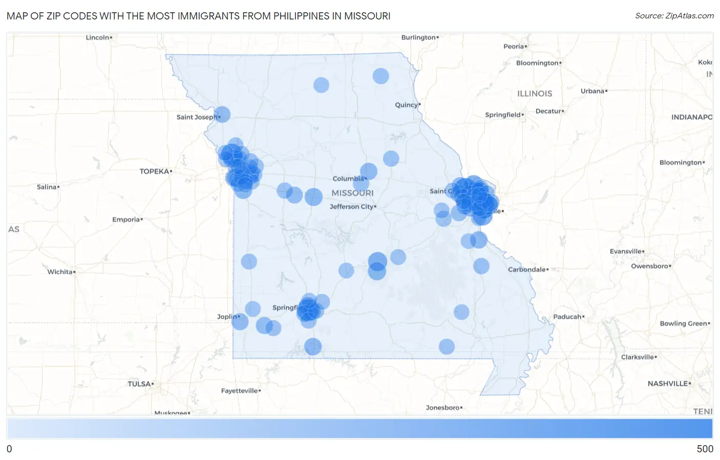 Zip Codes with the Most Immigrants from Philippines in Missouri Map