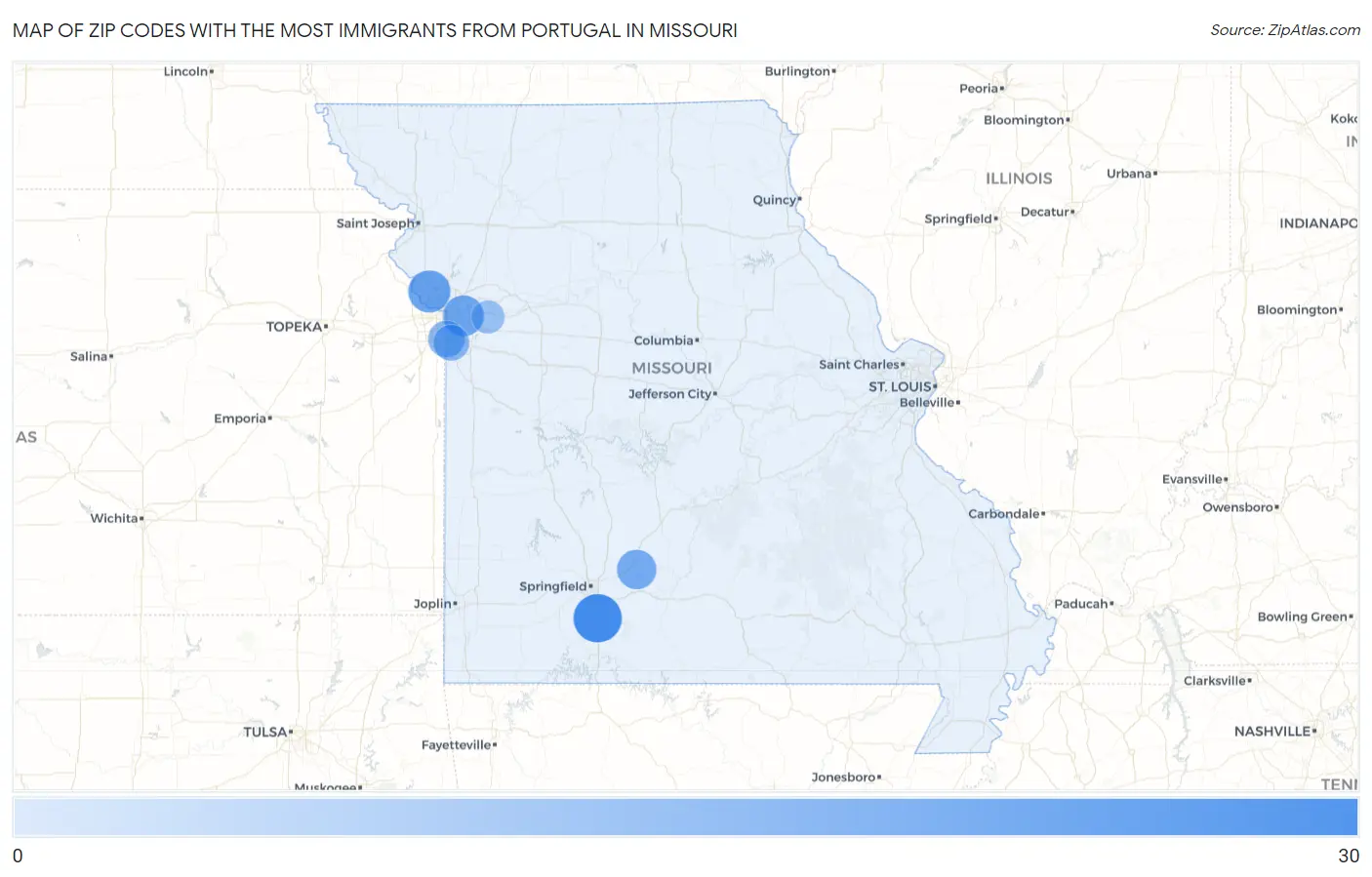 Zip Codes with the Most Immigrants from Portugal in Missouri Map