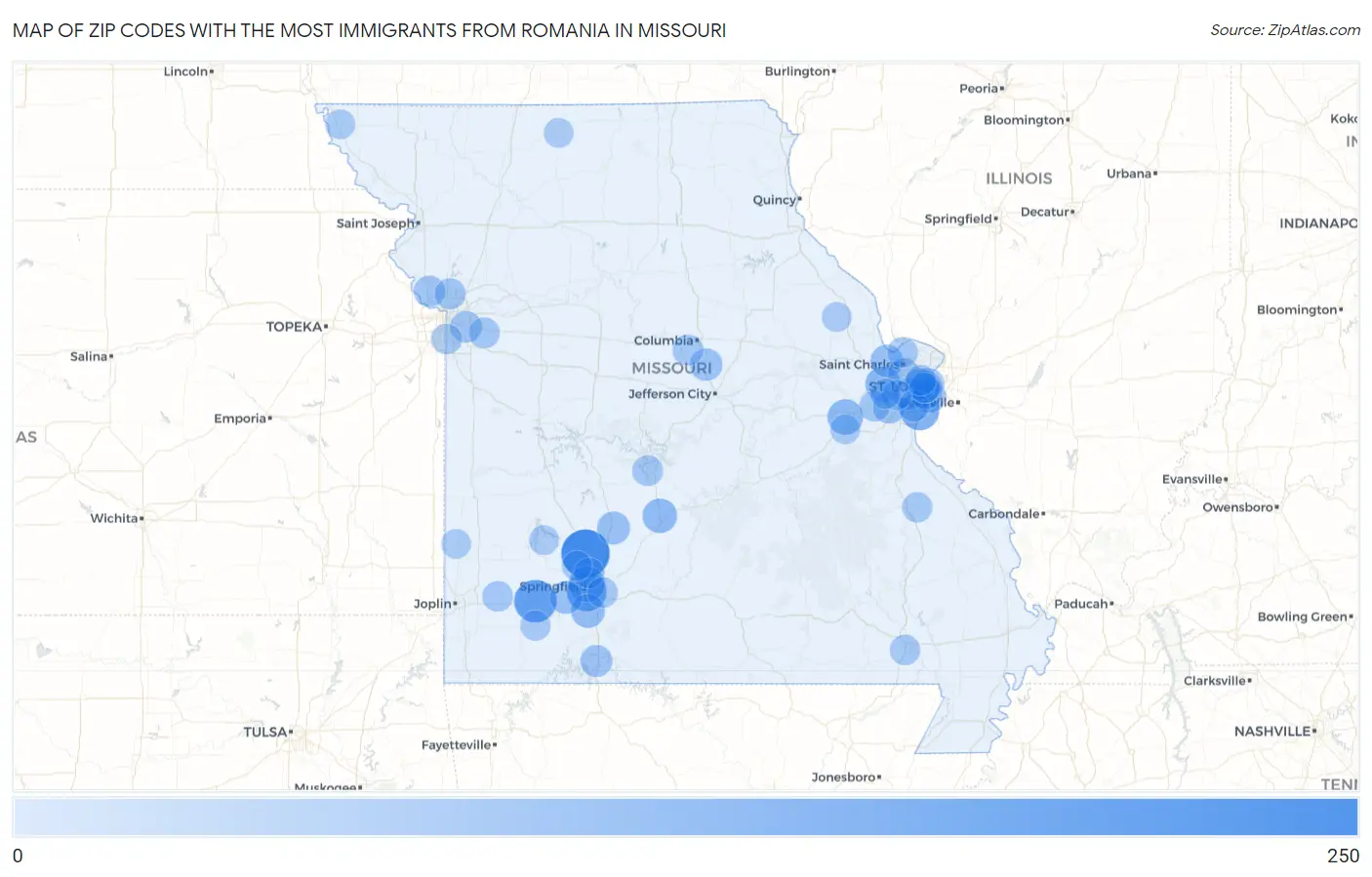Zip Codes with the Most Immigrants from Romania in Missouri Map