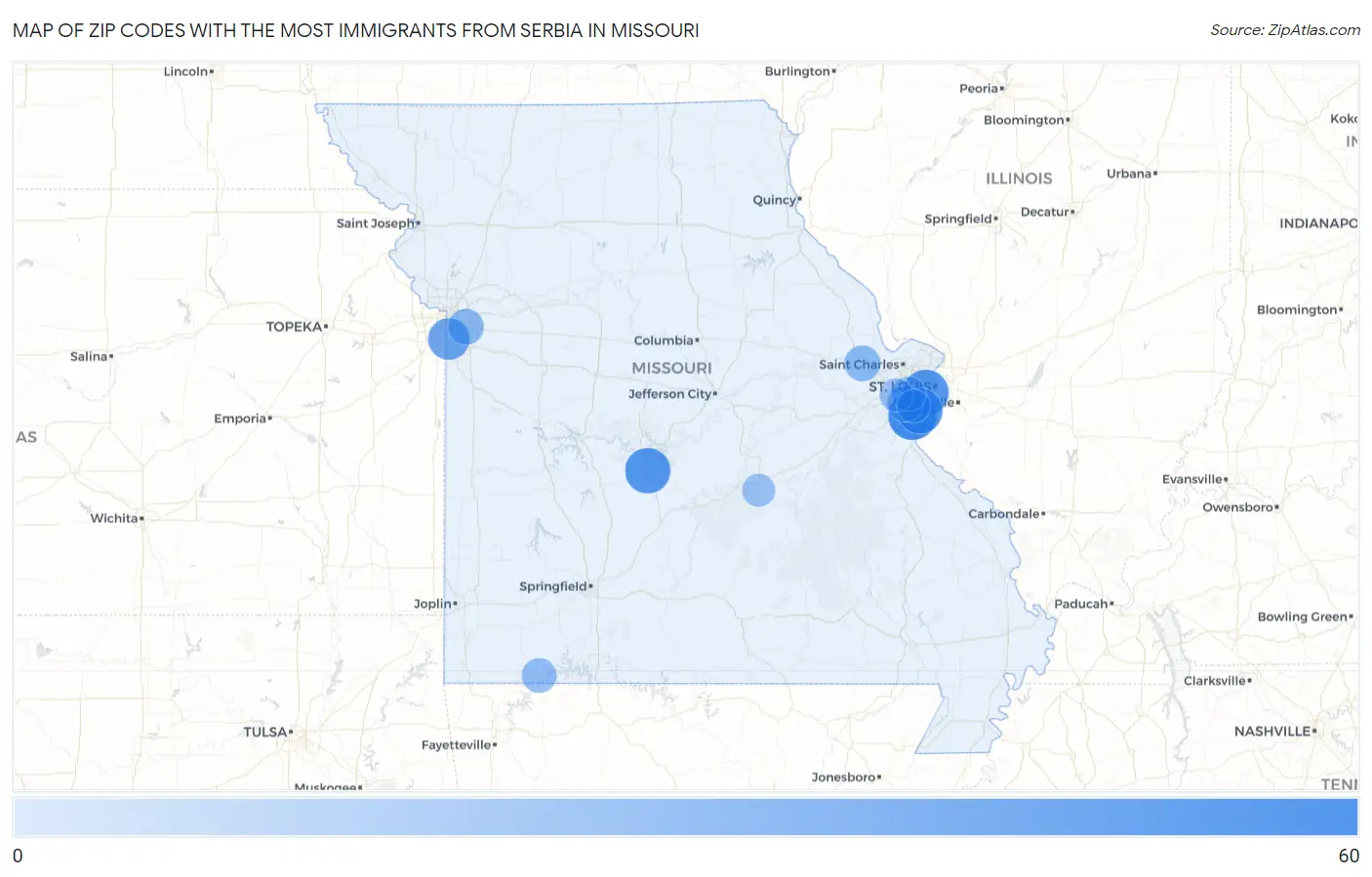 Zip Codes with the Most Immigrants from Serbia in Missouri Map