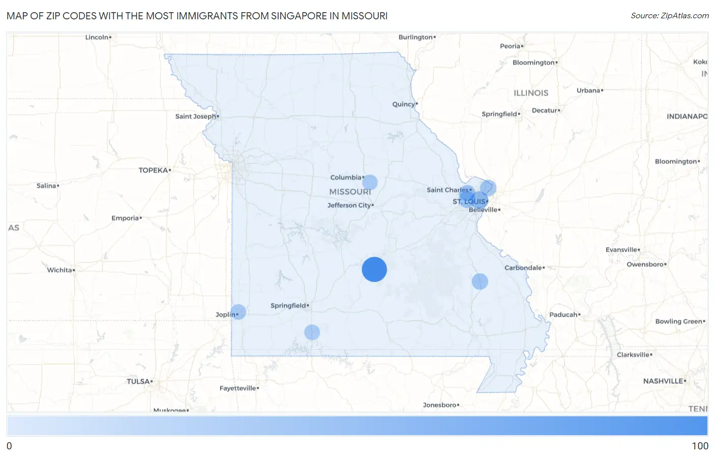 Zip Codes with the Most Immigrants from Singapore in Missouri Map