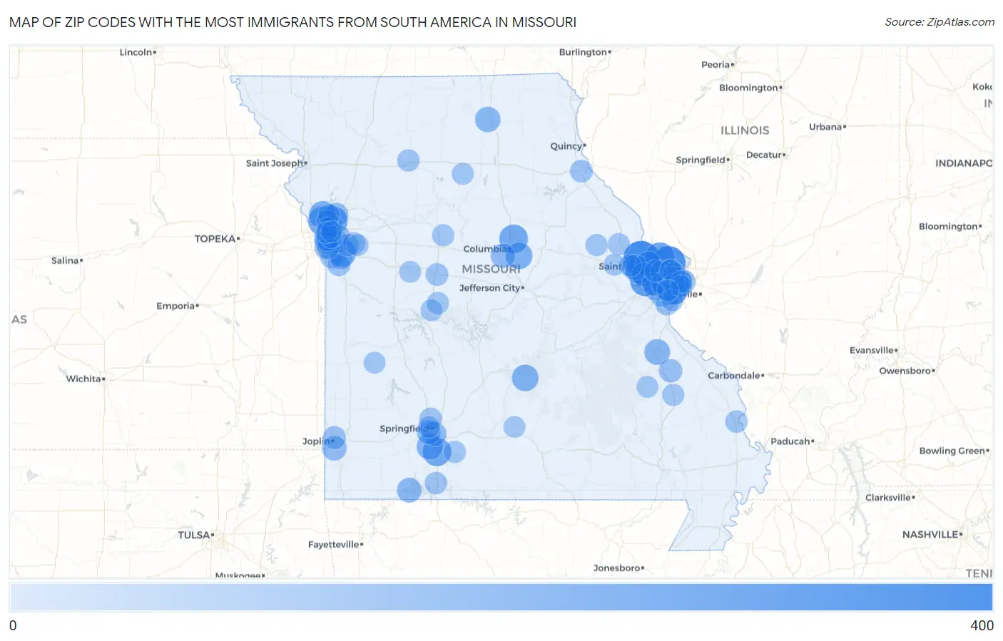 Zip Codes with the Most Immigrants from South America in Missouri Map