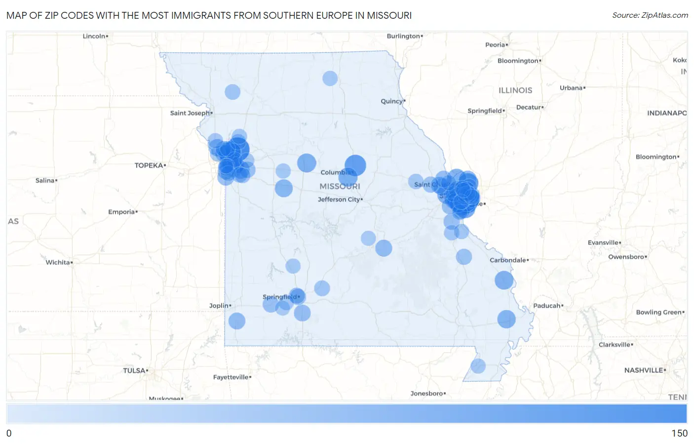 Zip Codes with the Most Immigrants from Southern Europe in Missouri Map