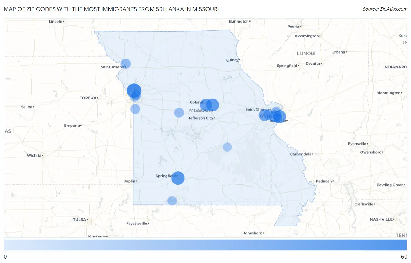 Zip Codes with the Most Immigrants from Sri Lanka in Missouri Map