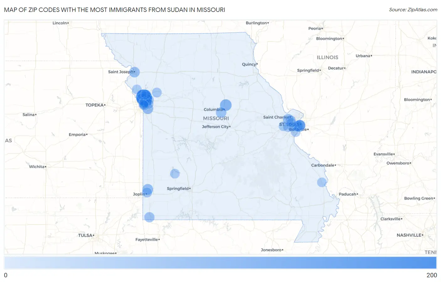 Zip Codes with the Most Immigrants from Sudan in Missouri Map