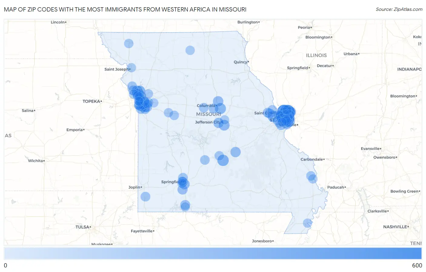 Zip Codes with the Most Immigrants from Western Africa in Missouri Map