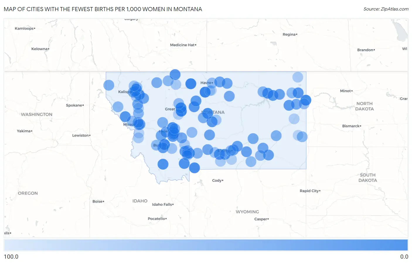 Cities with the Fewest Births per 1,000 Women in Montana Map