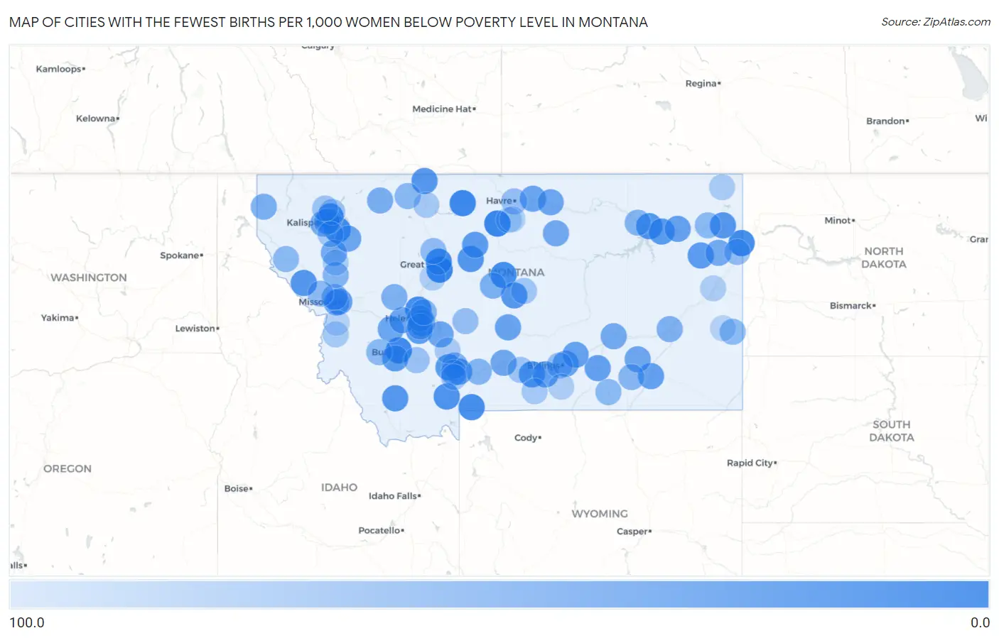 Cities with the Fewest Births per 1,000 Women Below Poverty Level in Montana Map