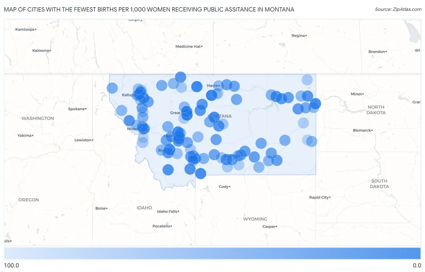 Cities with the Fewest Births per 1,000 Women Receiving Public Assitance in Montana Map