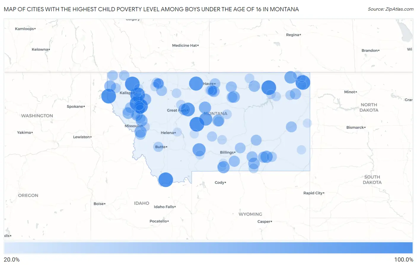 Cities with the Highest Child Poverty Level Among Boys Under the Age of 16 in Montana Map