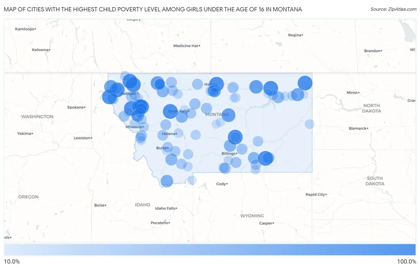 Cities with the Highest Child Poverty Level Among Girls Under the Age of 16 in Montana Map