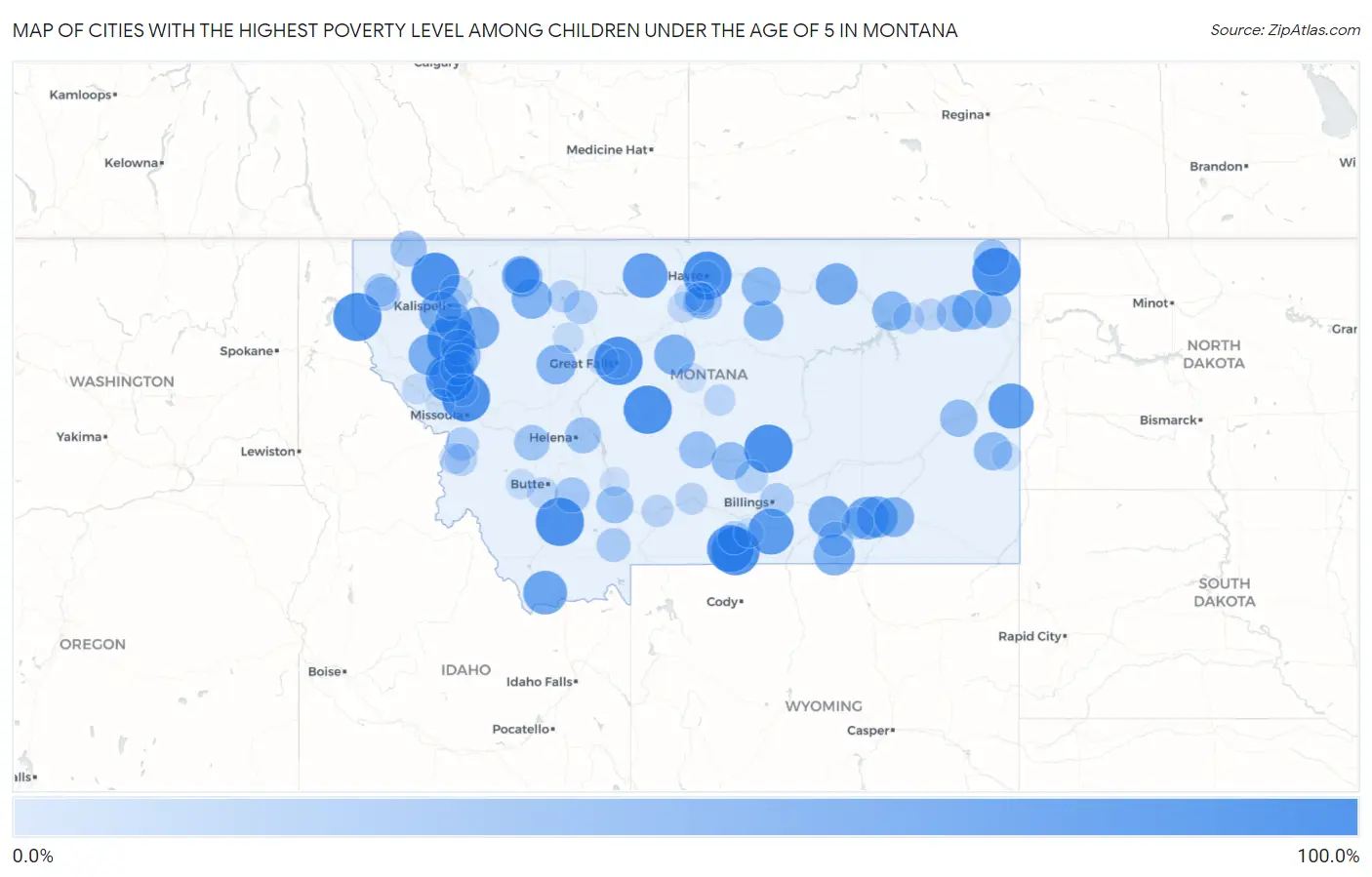 Cities with the Highest Poverty Level Among Children Under the Age of 5 in Montana Map