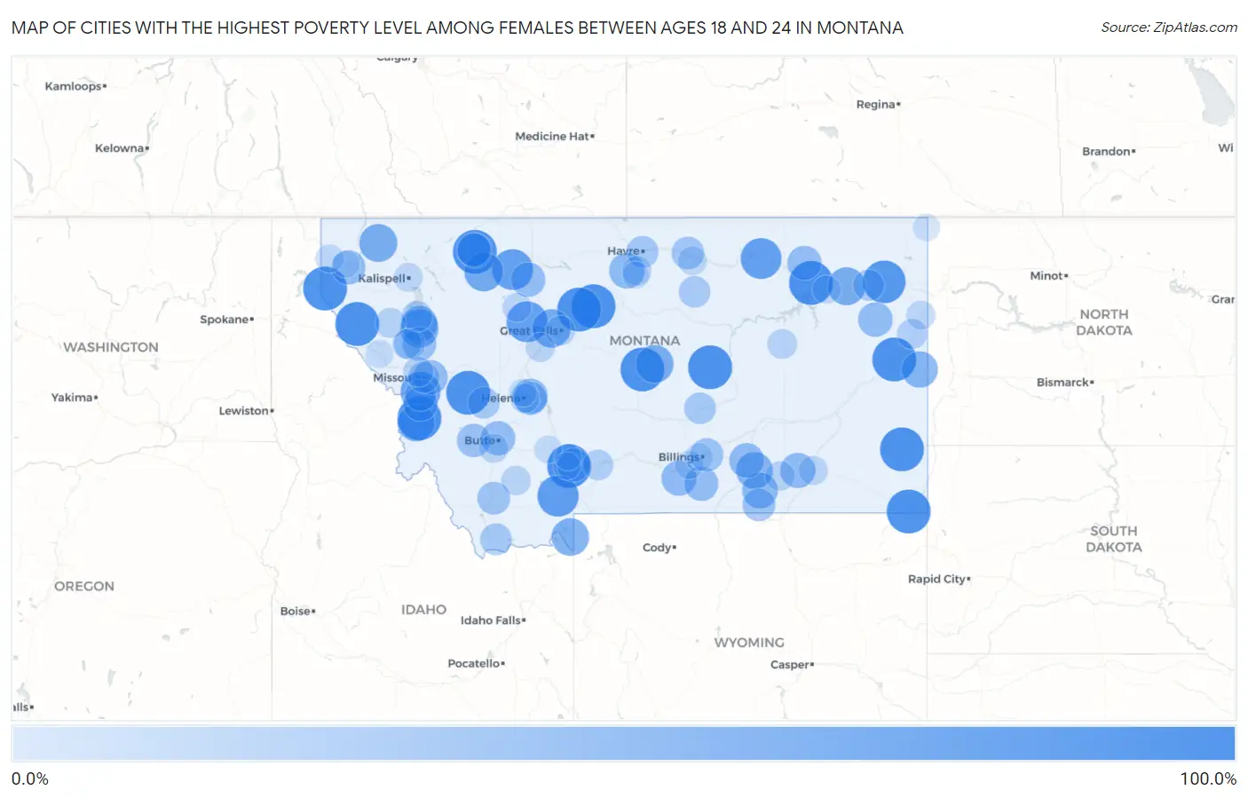 Cities with the Highest Poverty Level Among Females Between Ages 18 and 24 in Montana Map