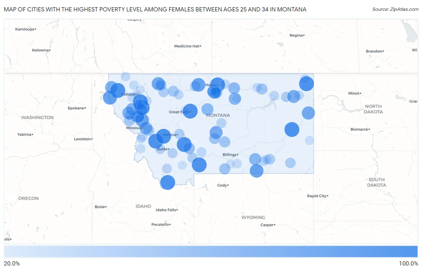 Cities with the Highest Poverty Level Among Females Between Ages 25 and 34 in Montana Map