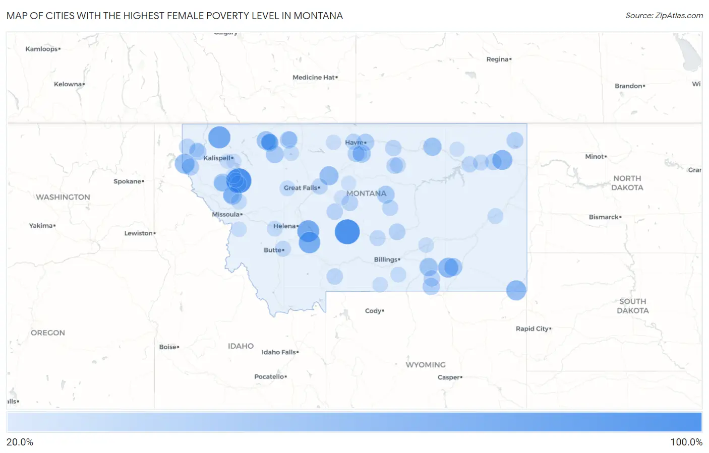 Cities with the Highest Female Poverty Level in Montana Map