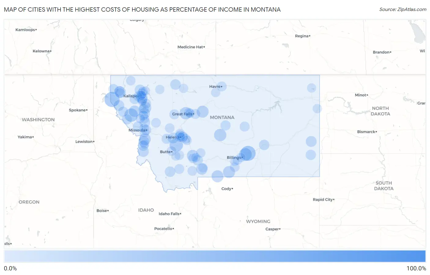 Cities with the Highest Costs of Housing as Percentage of Income in Montana Map
