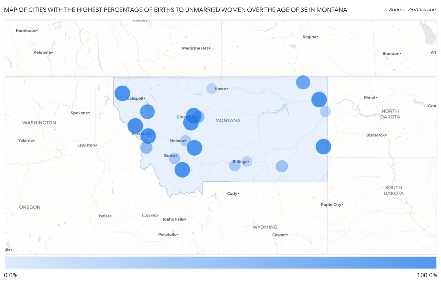 Cities with the Highest Percentage of Births to Unmarried Women over the Age of 35 in Montana Map