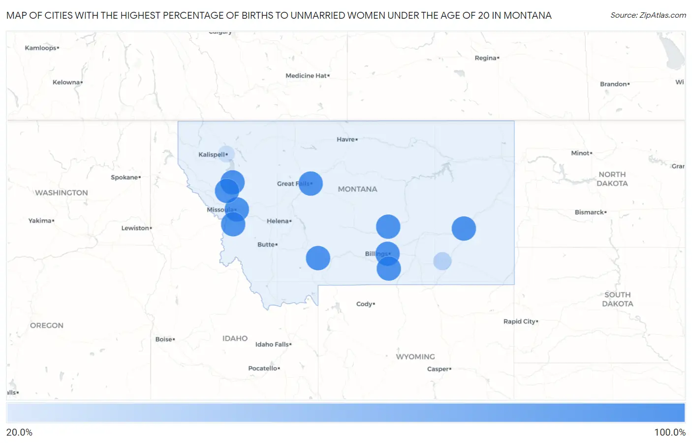 Cities with the Highest Percentage of Births to Unmarried Women under the Age of 20 in Montana Map