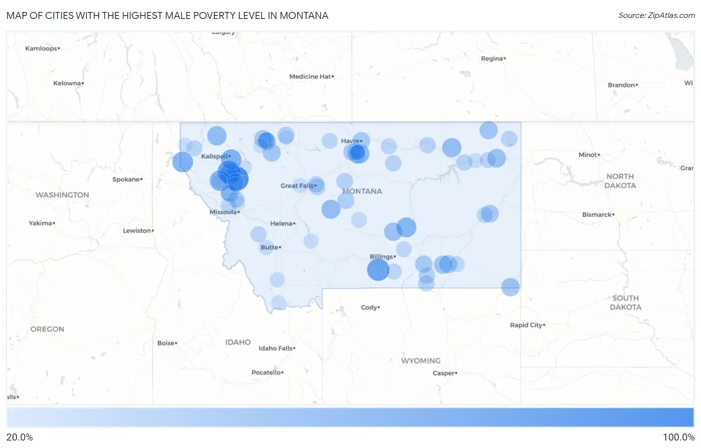 Cities with the Highest Male Poverty Level in Montana Map